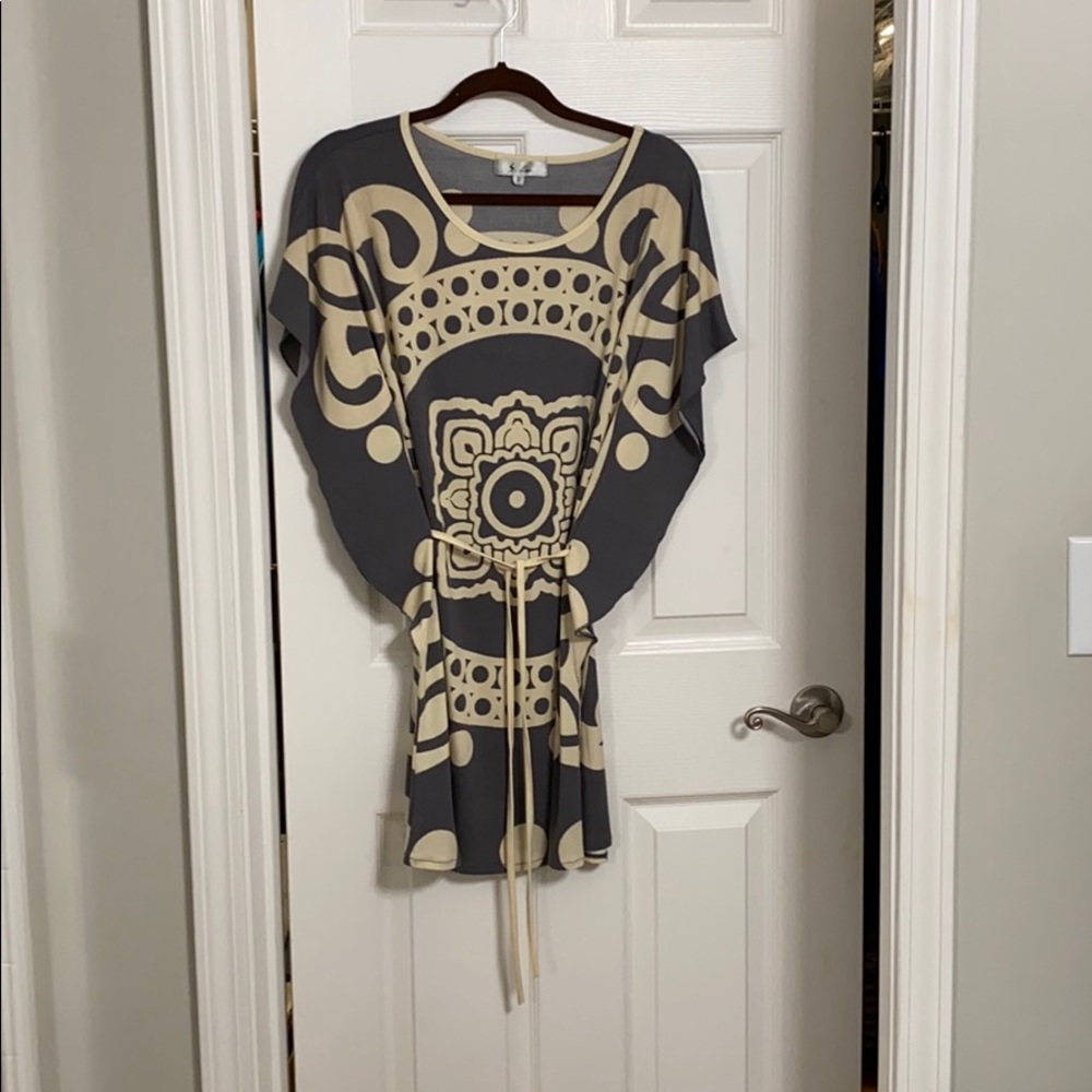 Dress. Comfortable 100% polyester grey and beige.